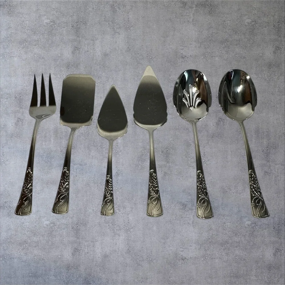 Lenox Serving Set 6pc Silver‎ 18/10 Stainless Steel 'For The Holidays' Ribbon